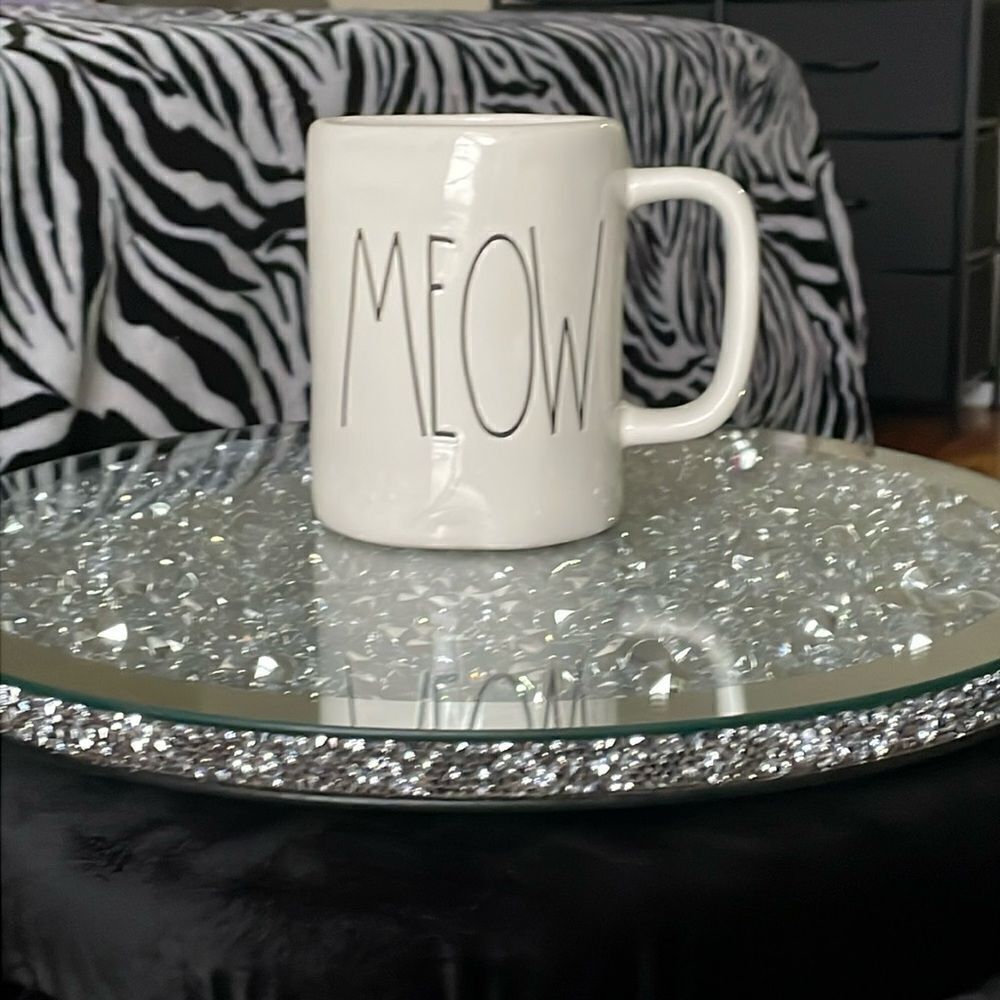 Meow Rae dunn ceramic large coffee beige off white cat word mug